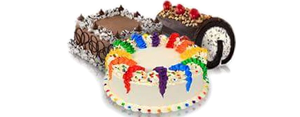 Roll cake, chocolate cake, and celebration ribbins cake